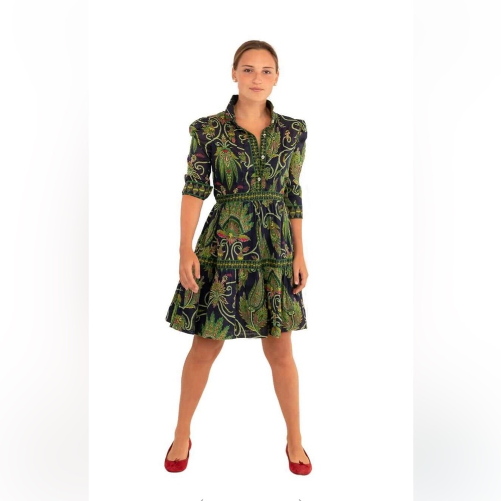 Gretchen Scott plume green/ navy paisley pattern cotton damsel dress size  XS